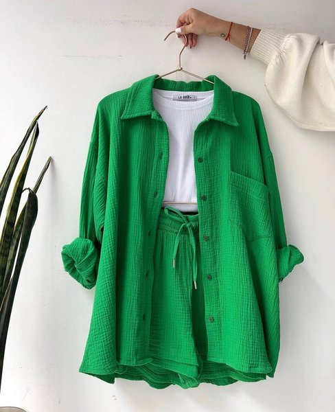 Костюм мусліновий шорти і рубашка зелений KASA 077 S/M green 077 фото