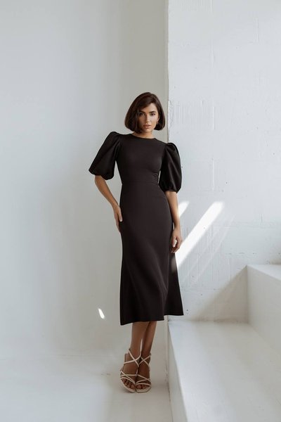 Sukienka midi z rękawem typu Latarka czarny, XS