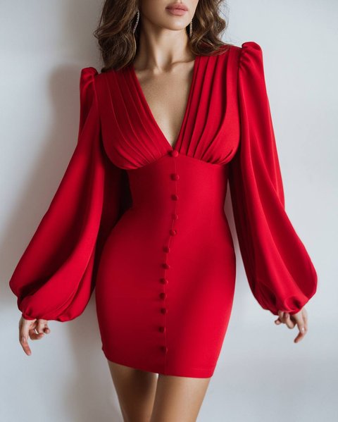 Sukienka mini z obszernymi rękawami i trójkątnym dekoltem z tyłu czerwony, XS